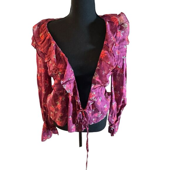 Free People Amanda Ruffle Wrap Top burgundy Floral size Small - Picture 2 of 9